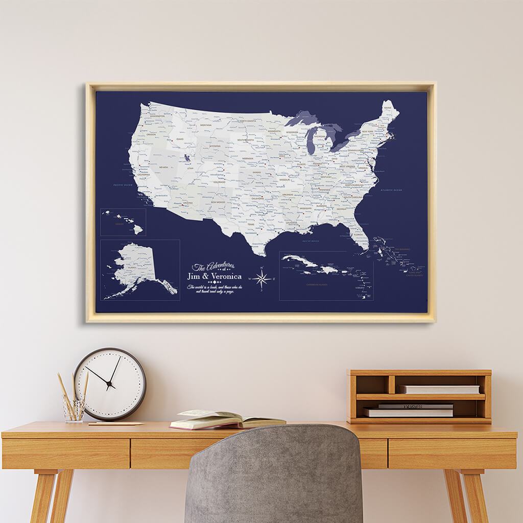 Natural Tan Float Frame - 24x36 Gallery Wrapped Canvas Navy Explorers USA &amp; Caribbean Map