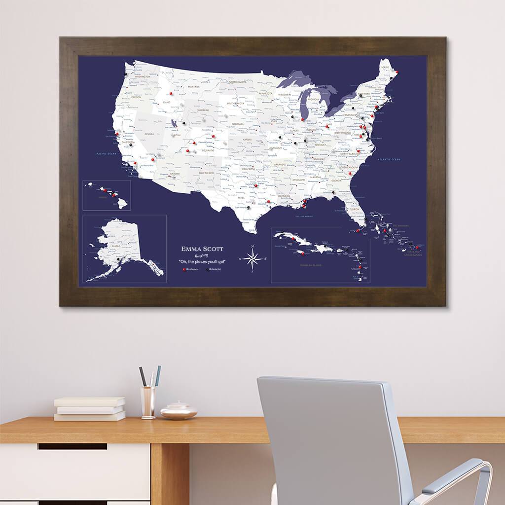 Canvas Navy Explorers USA Push Pin Map in Rustic Brown Frame