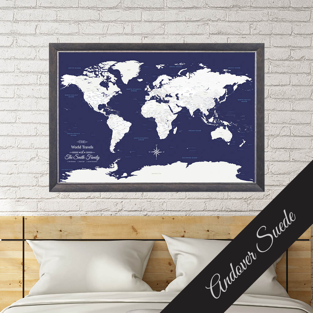 Canvas Navy Explorers World Travel Map in Premium Andover Suede Frame