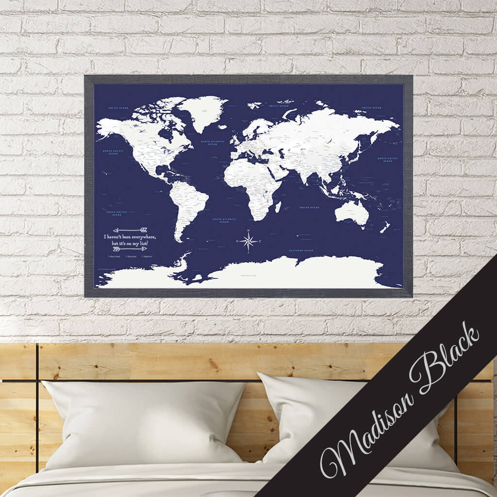 Canvas Navy Explorers World Travel Map in Premium Madison Black Frame