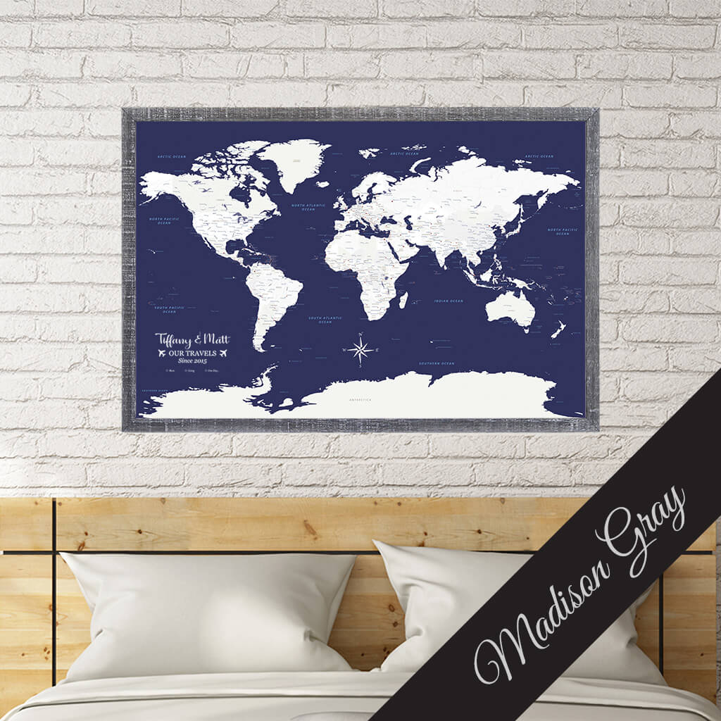 Canvas Navy Explorers World Travel Map in Premium Madison Gray Frame