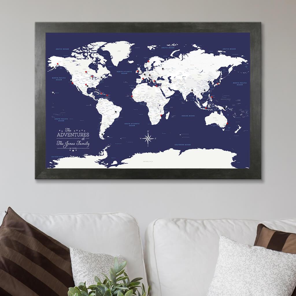 Navy Explorers World Map in Rustic Black Frame