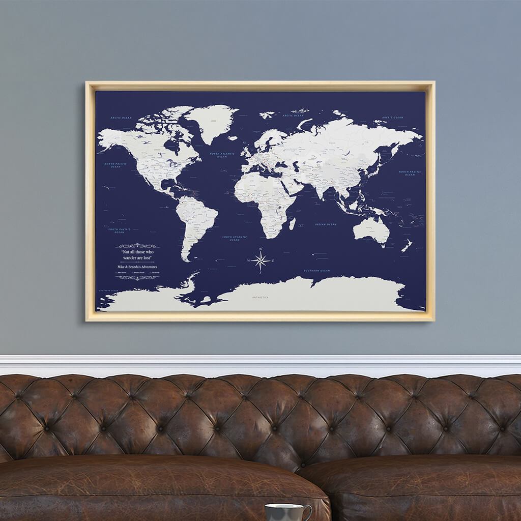 Natural Tan Float Frame - 24x36 Gallery Wrapped Canvas Navy Explorers World Map