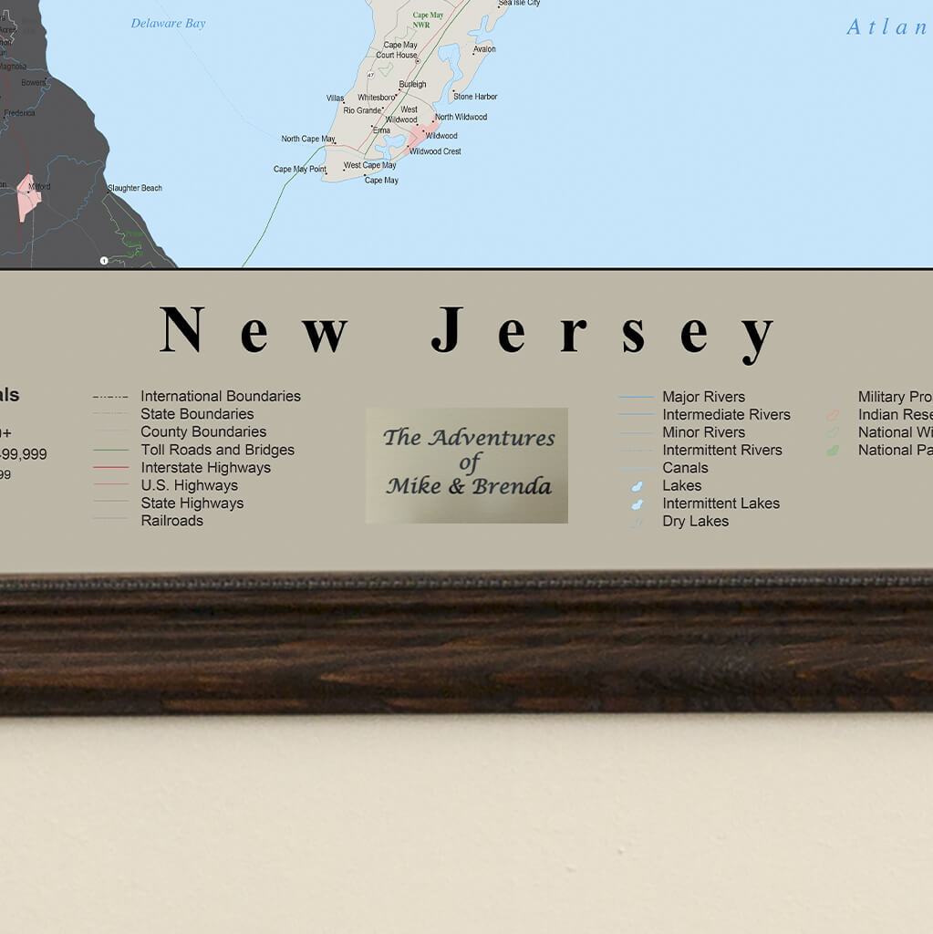 Earth Toned New Jersey State Travelers Map with Pins Plaque Location