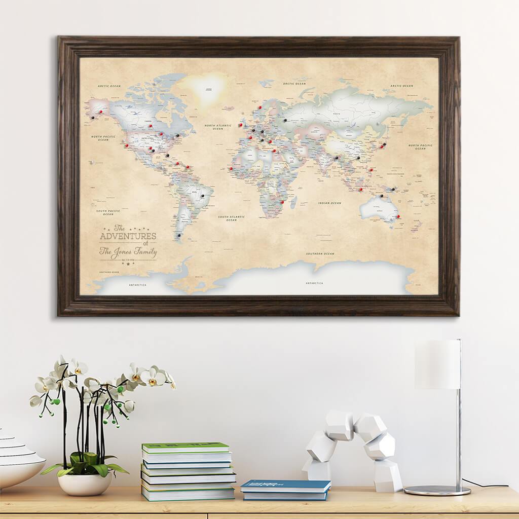 Canvas Pastel World Map with Pins in Solid Wood Brown Frame