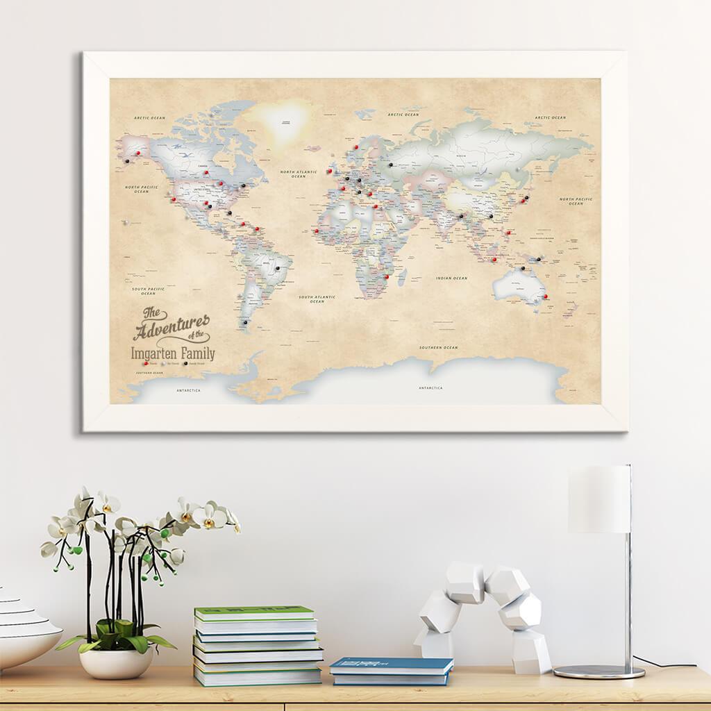 Canvas Pastel World Map with Pins in Textured White Frame