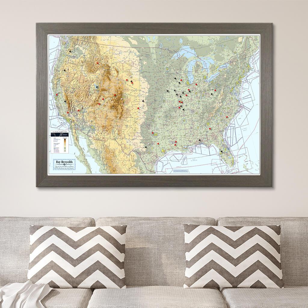 Canvas Pilot&#39;s VFR USA Pinnable Wall Map Barnwood Gray Frame