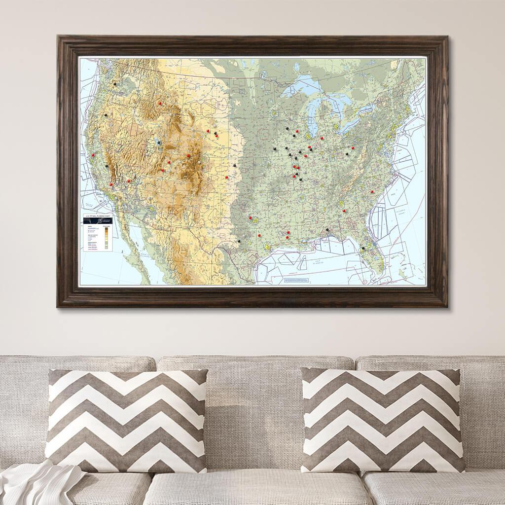 Canvas Pilot&#39;s VFR USA Pinnable Wall Map Solid Wood Brown Frame
