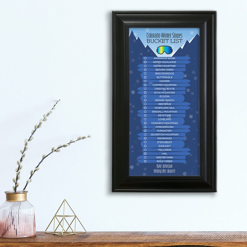 Colorado Ski Resorts Bucket List- Blue Snowflakes - Black Frame