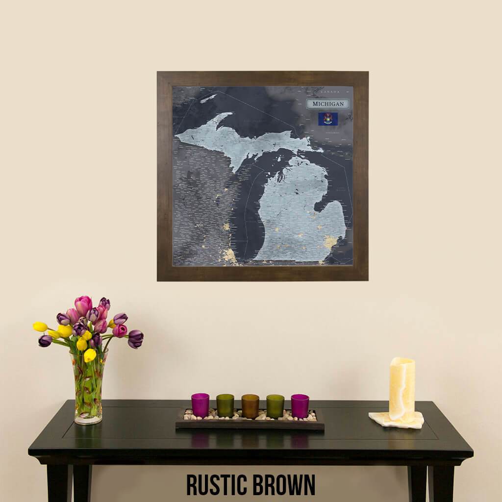 Push Pin Travel Maps Michigan Slate Travel Map Rustic Brown Frame