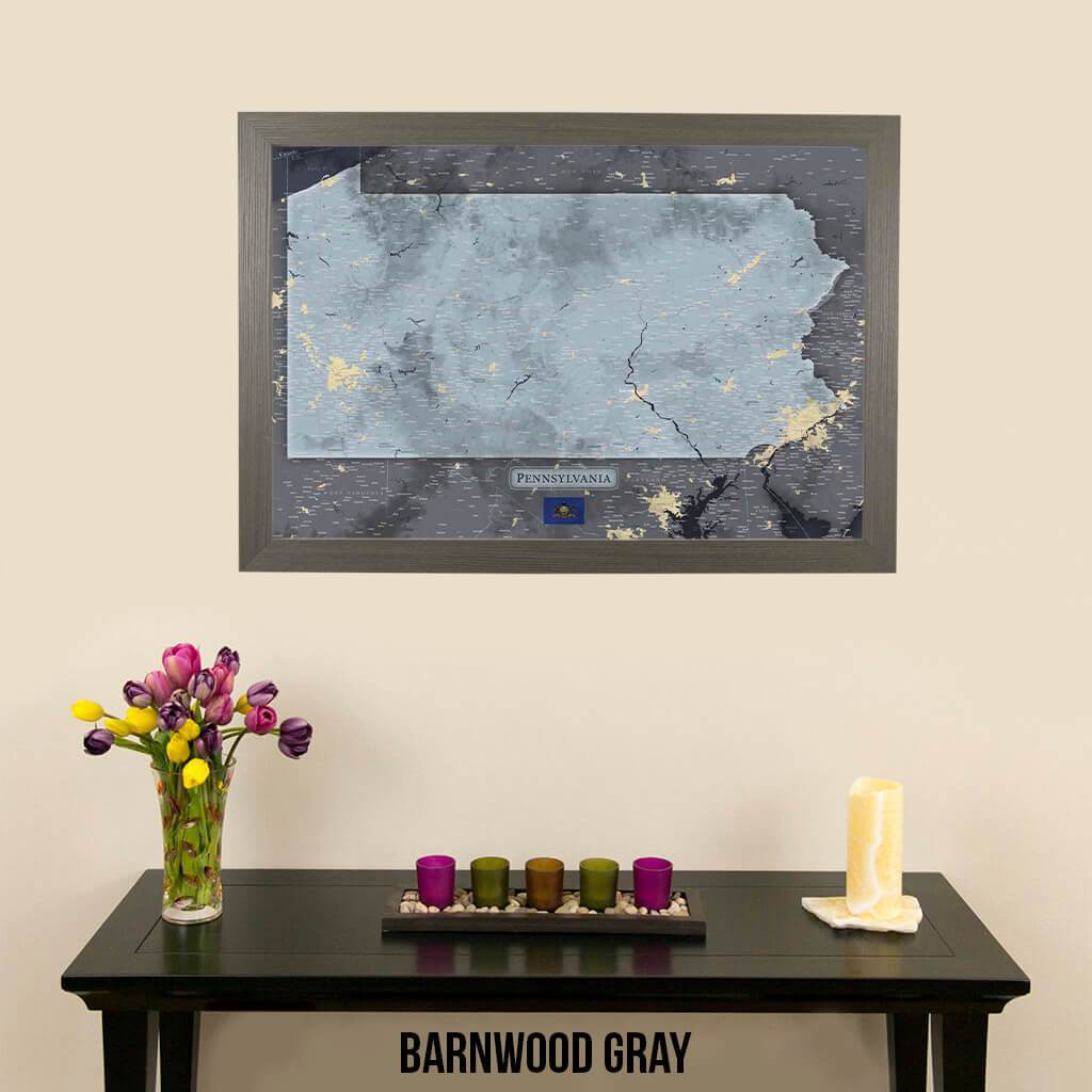 Push Pin Travel Maps Pennsylvania Slate Map with Pins Barnwood Gray Frame