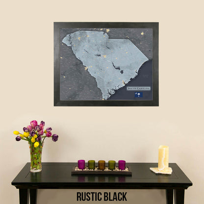 Framed South Carolina Slate Gray Push Pin Travel Map in Rustic Black Frame