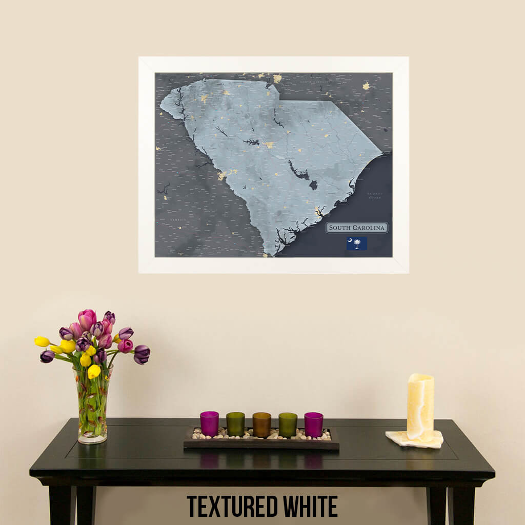 Framed South Carolina Slate Gray Push Pin Travel Map in Textured White Frame