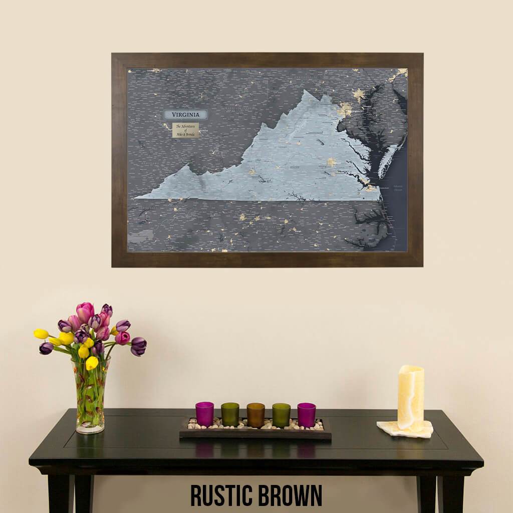 Framed Virginia State Slate Wall Map with Pins Rustic Brown Frame
