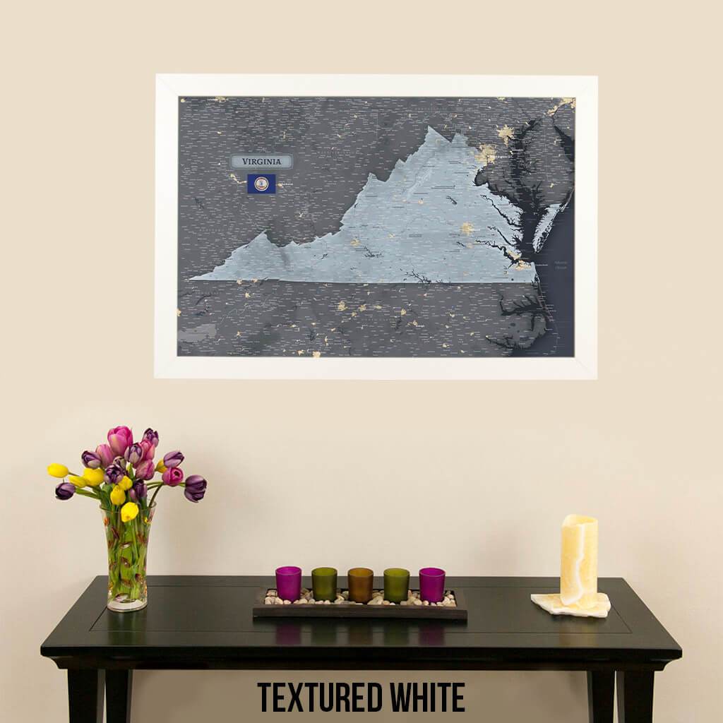 Framed Virginia State Slate Wall Map with Pins Textured White Frame
