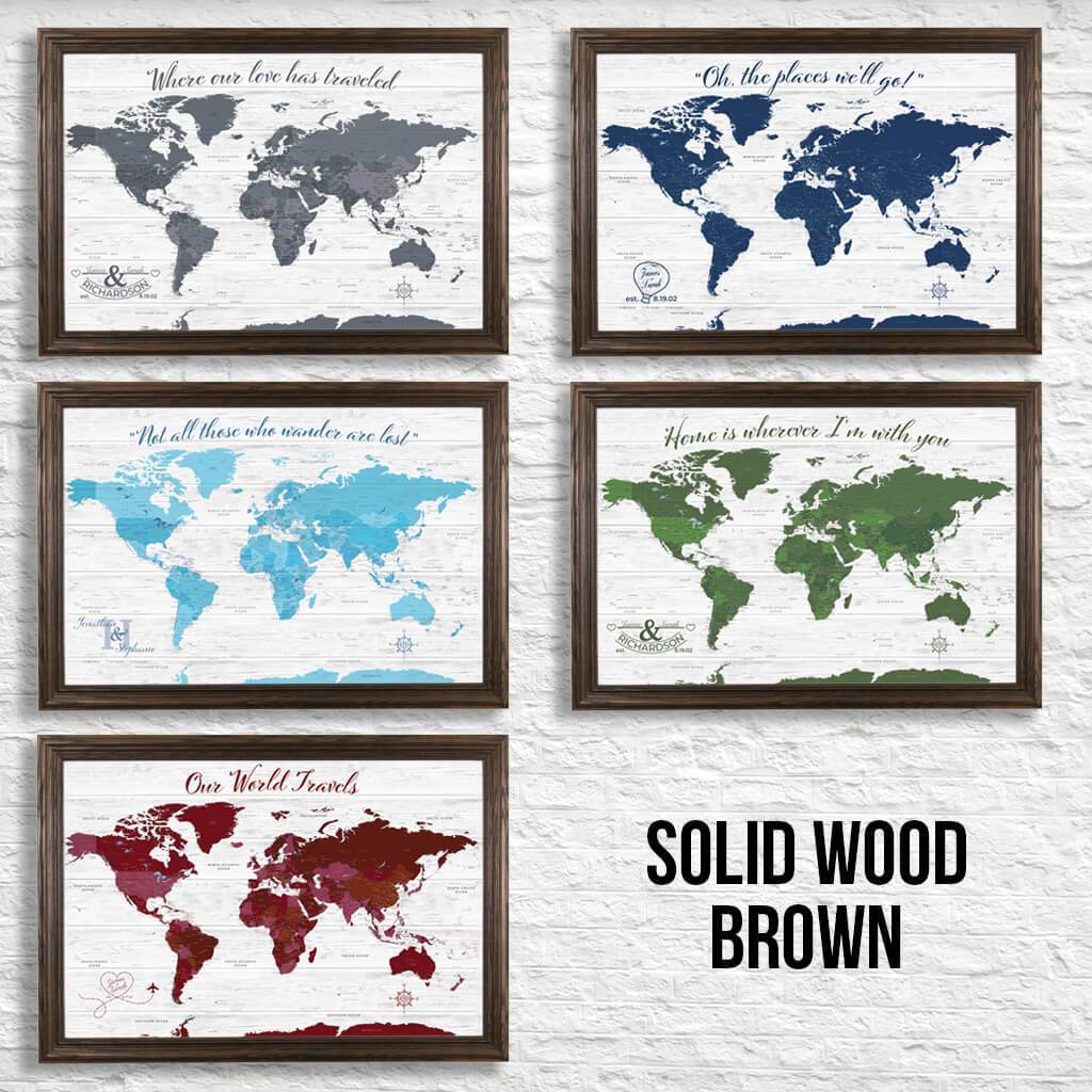 Canvas Anniversary World Map Color Options in Solid Wood Brown Frame
