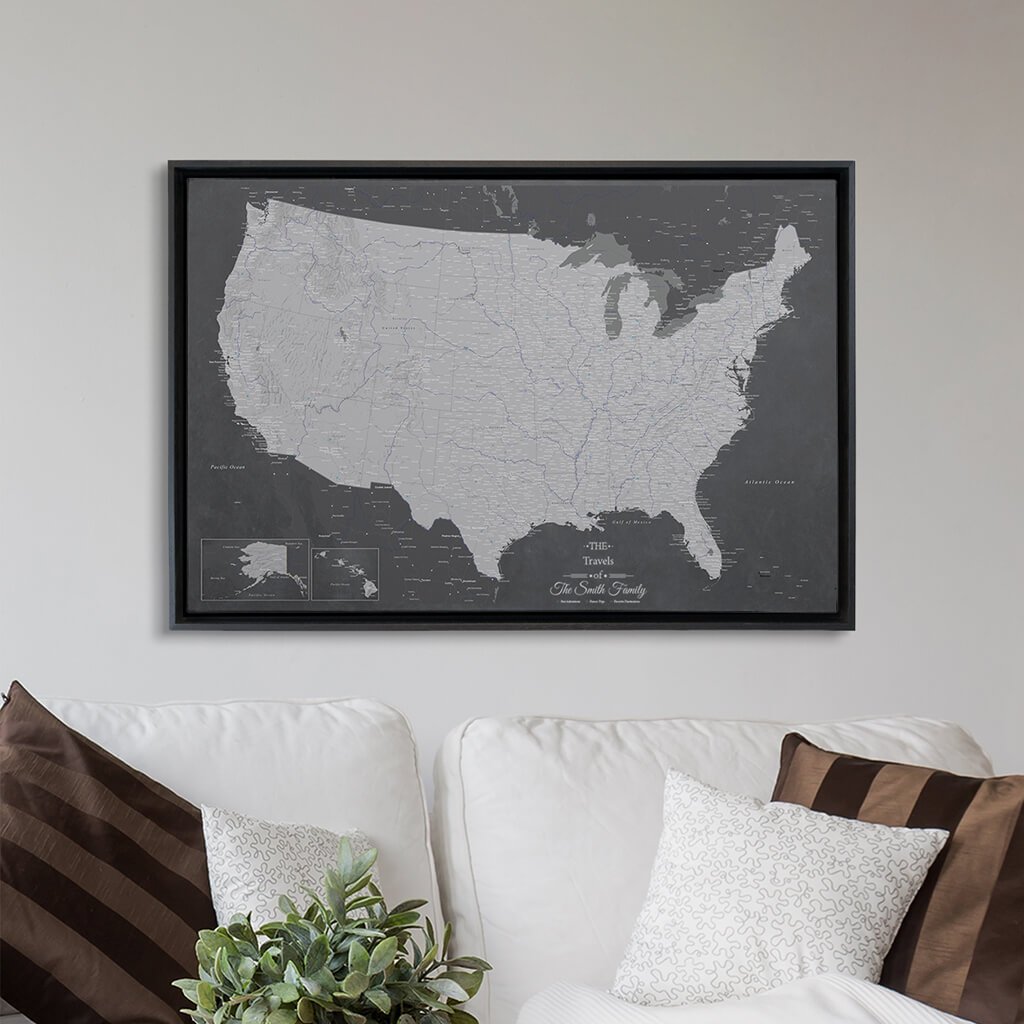 Black Float Frame - 24x36 Gallery Wrapped Canvas Stormy Dreams USA Map