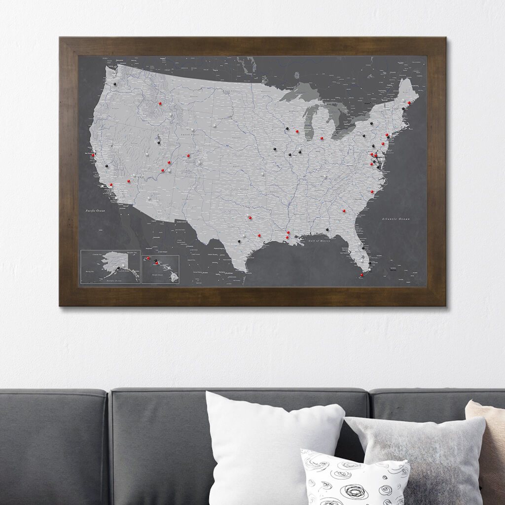 Canvas Stormy Dreams USA Wall Map with Pins Rustic Brown Frame