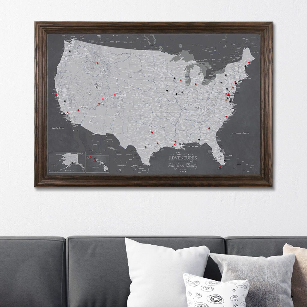 Canvas Stormy Dreams USA Wall Map with Pins Solid Wood Brown Frame