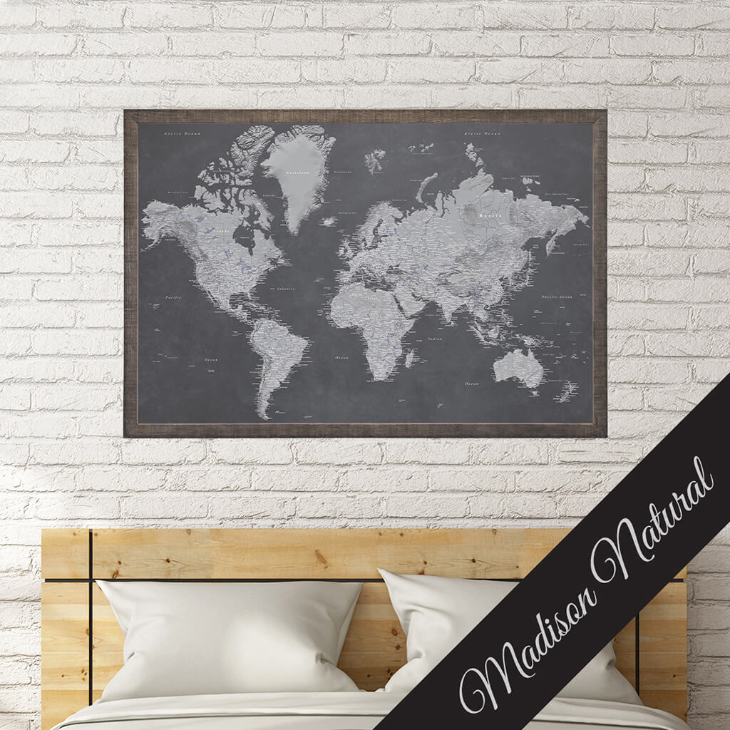 Canvas Stormy Dreams World Map in Premium Madison Natural Brown Frame