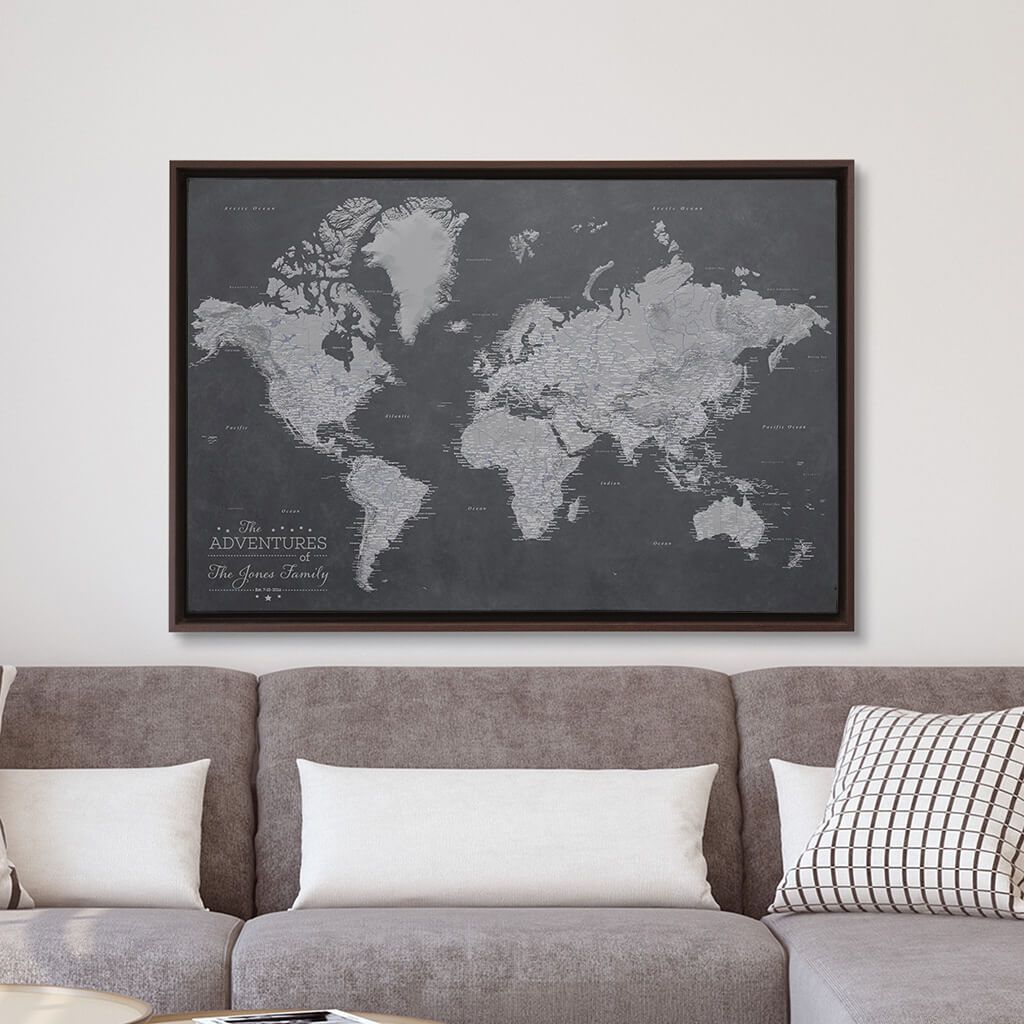 Brown Float Frame - 24x36 Gallery Wrapped Stormy Dreams World Map with Pins