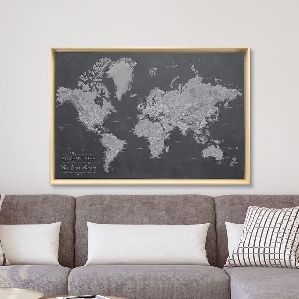 Natural Tan Float Frame - 24x36 Gallery Wrapped Stormy Dreams World Map with Pins