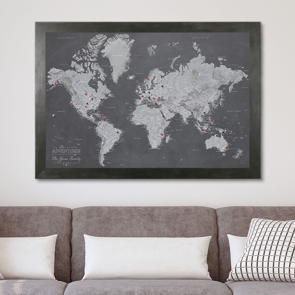 Canvas Stormy Dreams World Map in Rustic Black Frame