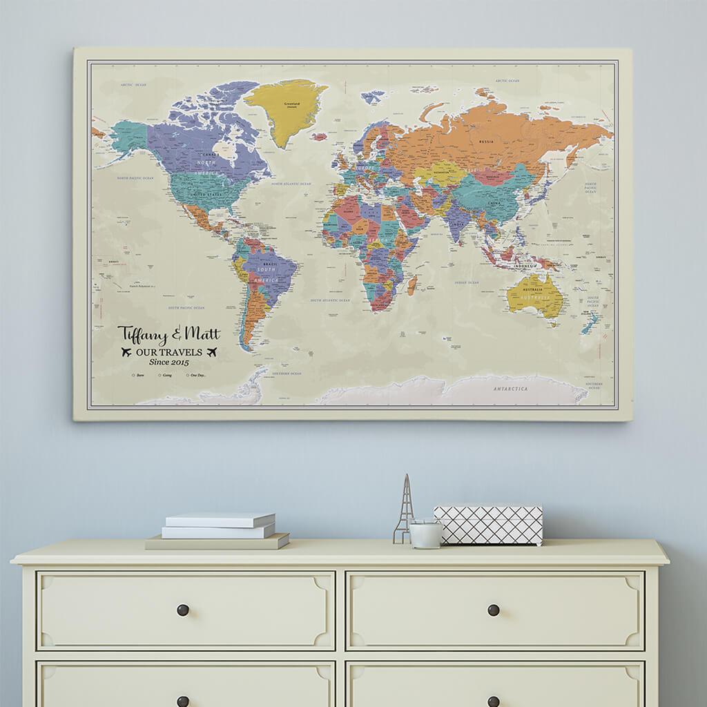 30x45 Gallery Wrapped Tan Oceans World Map