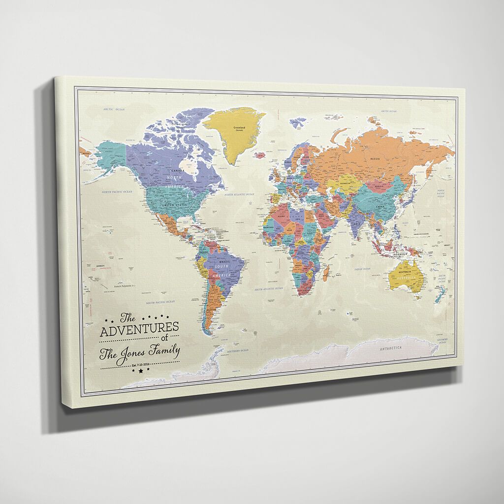 Gallery Wrapped Tan Oceans World Map Side View