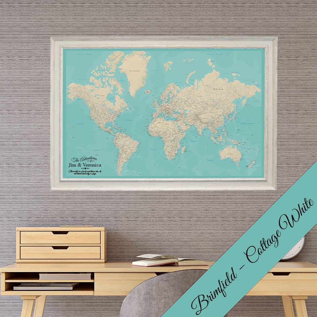 Canvas Teal Dreams World Map Brimfield Cottage White Frame