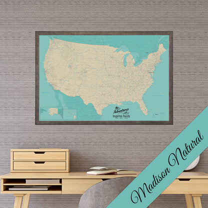 Canvas US Travel Map with Pins in Premium Madison Natural Brown Frame - Teal USA Map