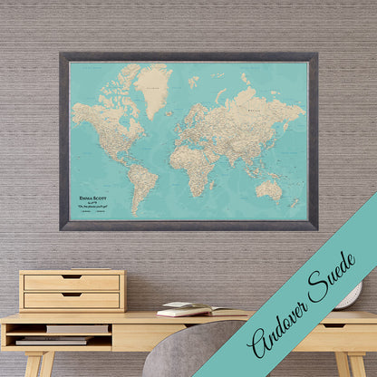 Canvas Teal Dreams World Map in Premium Andover Suede  Frame