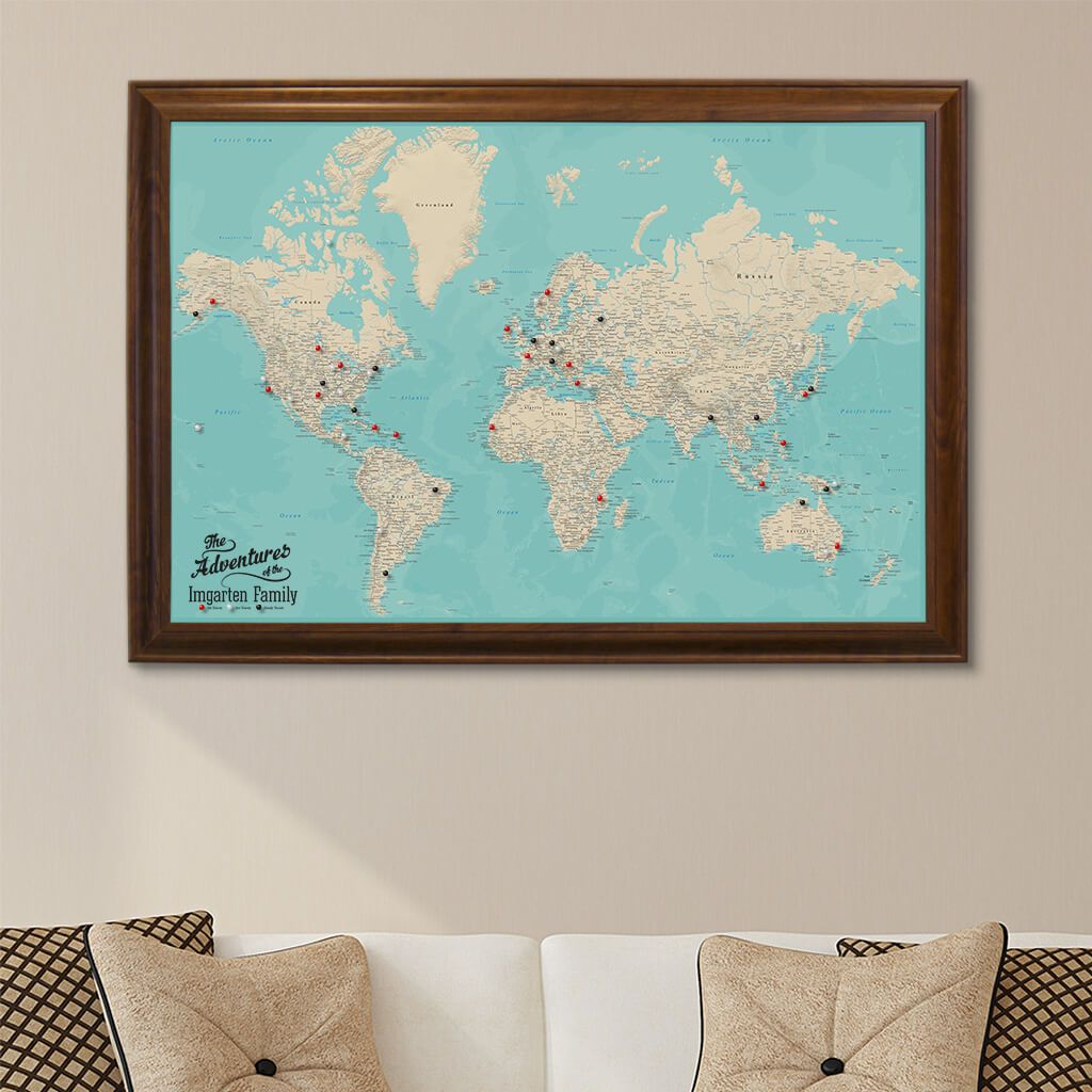 Canvas Teal Dreams World Map Brown Frame