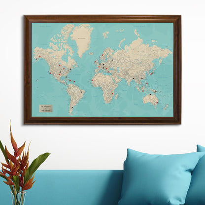 Teal Dream World Push Pin Travel Map Brown Frame