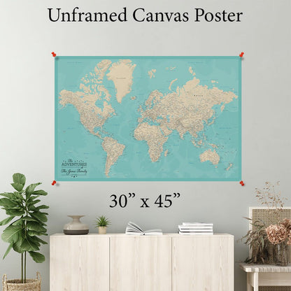 Teal Dream World Canvas Map Poster 30 x 45