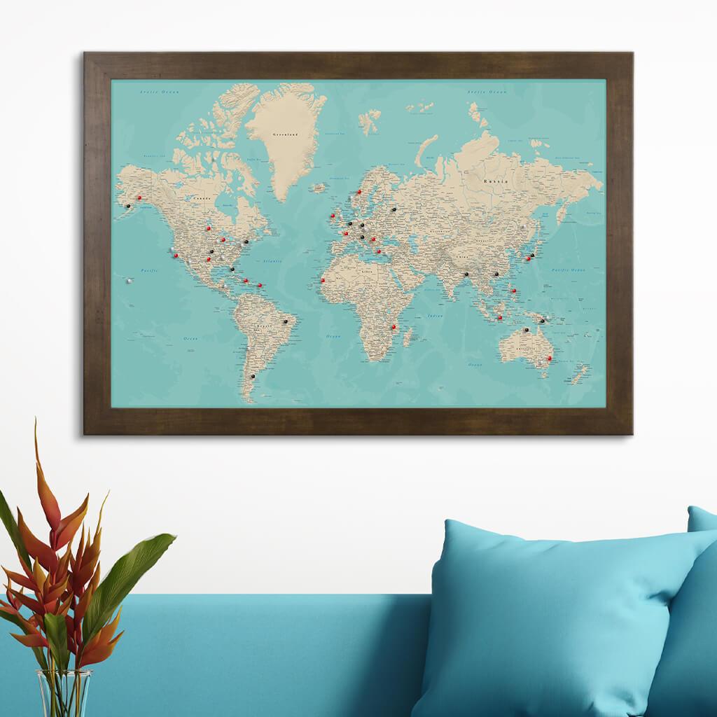 Teal Dream World Push Pin Travel Map Rustic Brown Frame