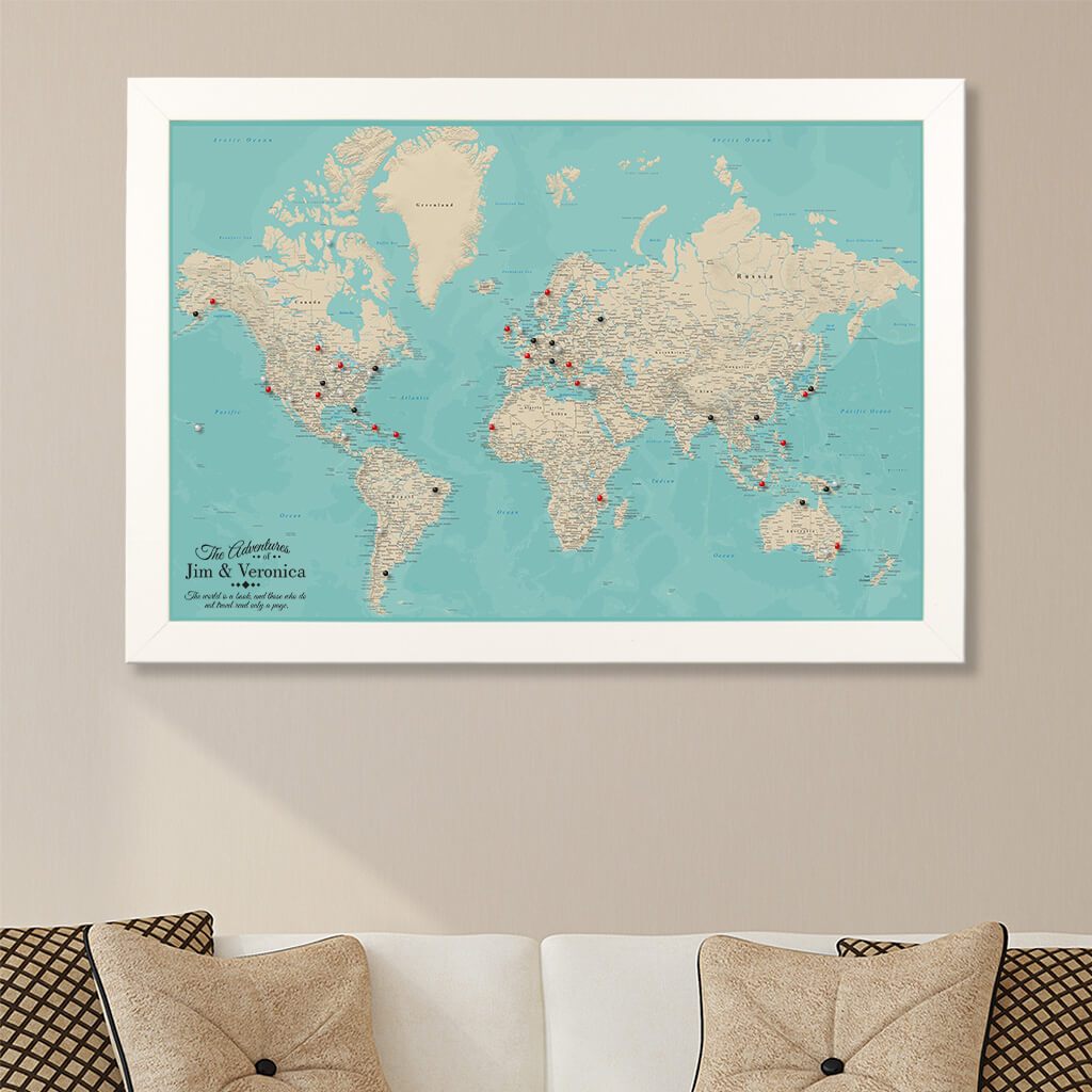 Canvas Teal Dreams World Map Textured White Frame
