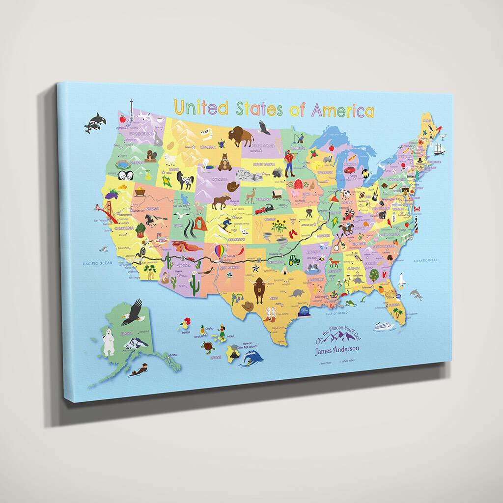 Side View of Gallery Wrapped Canvas Kids USA map