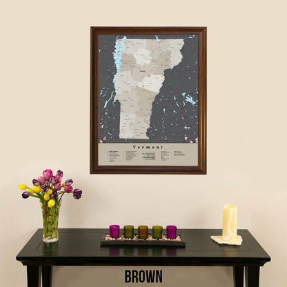 Earth Toned Vermont State Framed Map Brown Frame