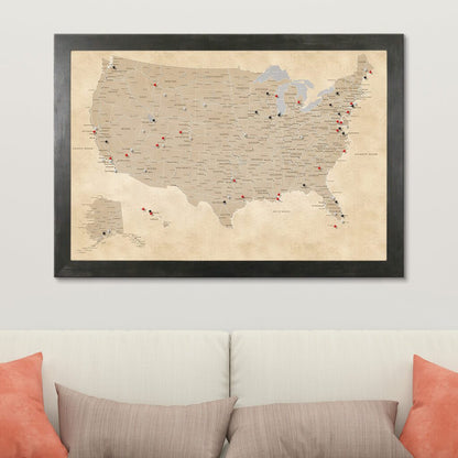 Canvas Vintage USA Wall Map for Travelers in Rustic Black Frame