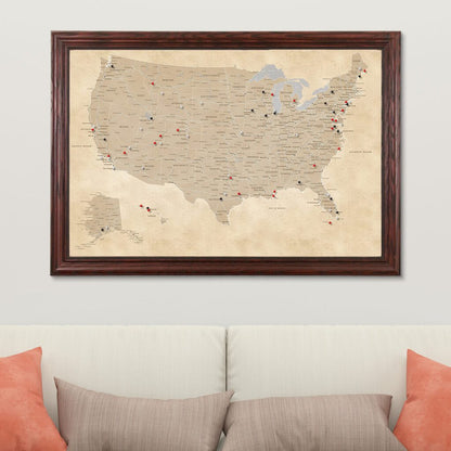 Canvas Vintage USA Wall Map for Travelers in Solid Wood Cherry Frame