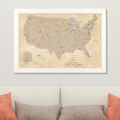 Canvas Vintage USA Wall Map for Travelers in Textured White Frame