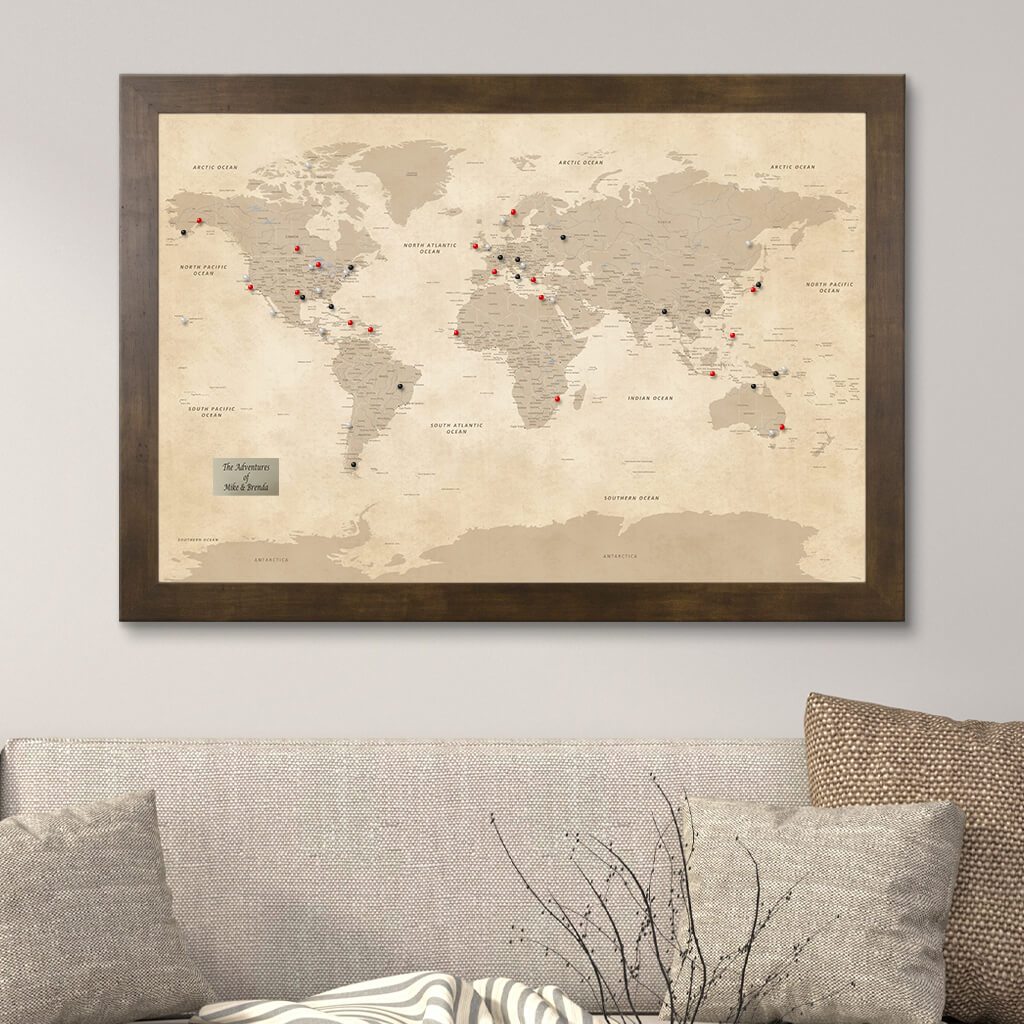 Vintage World Map with Pins in Rustic Brown Frame