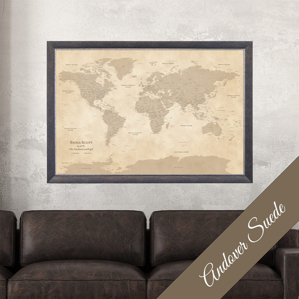 Canvas Vintage World Map with Pins in Brimfield White Frame