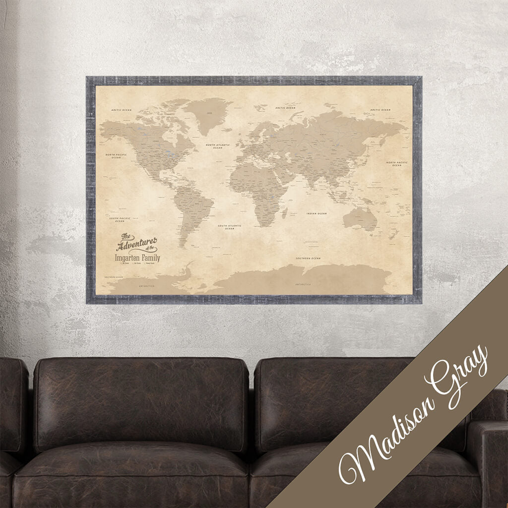 Canvas Vintage World Map with Pins in Premium Madison Gray Frame