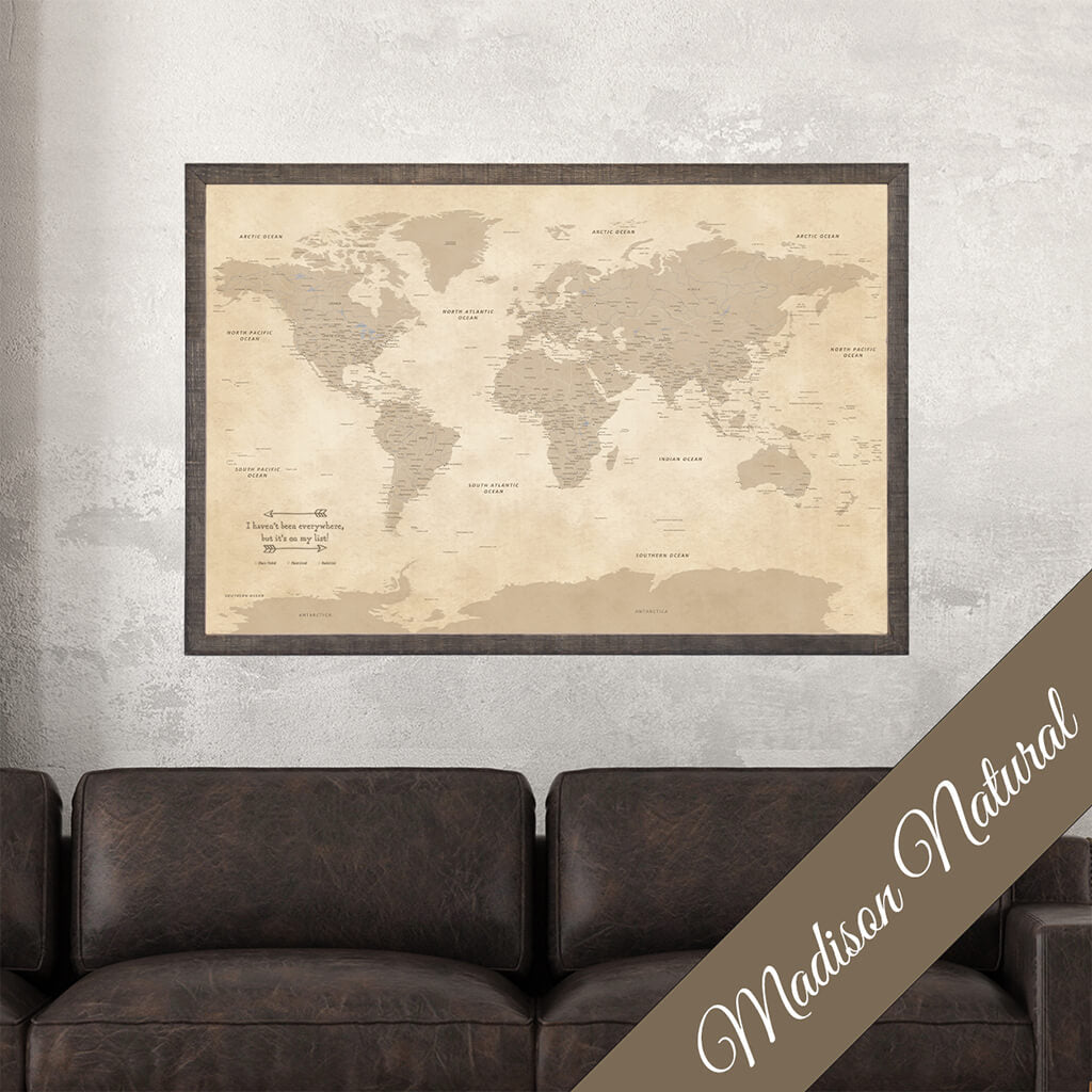 Canvas Vintage World Map with Pins in Premium Madison Natural Brown Frame