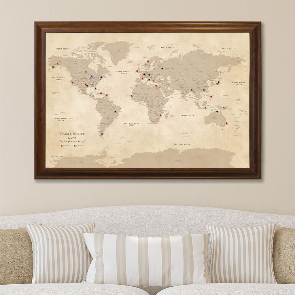 Canvas Vintage World Map with Pins in Brown Frame