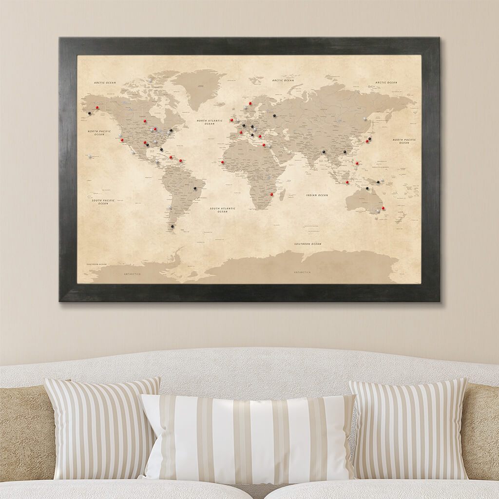 Canvas Vintage World Map with Pins with Rustic Black Frame