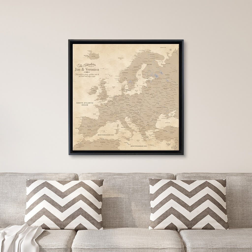 Gallery Wrapped - Vintage Europe Travel Map with Pins - Square Style