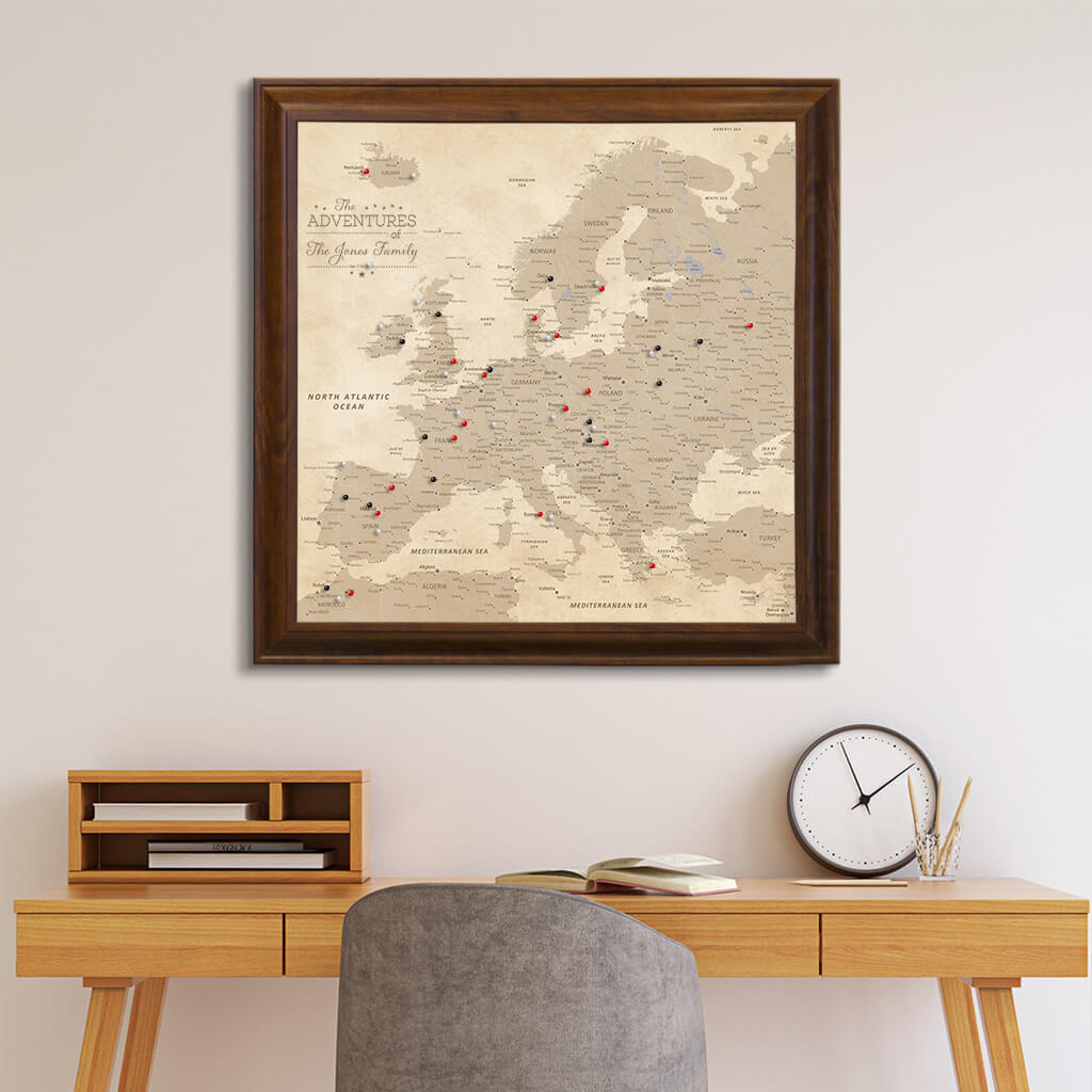 Framed Vintage Europe Canvas Map in Square Brown Frame